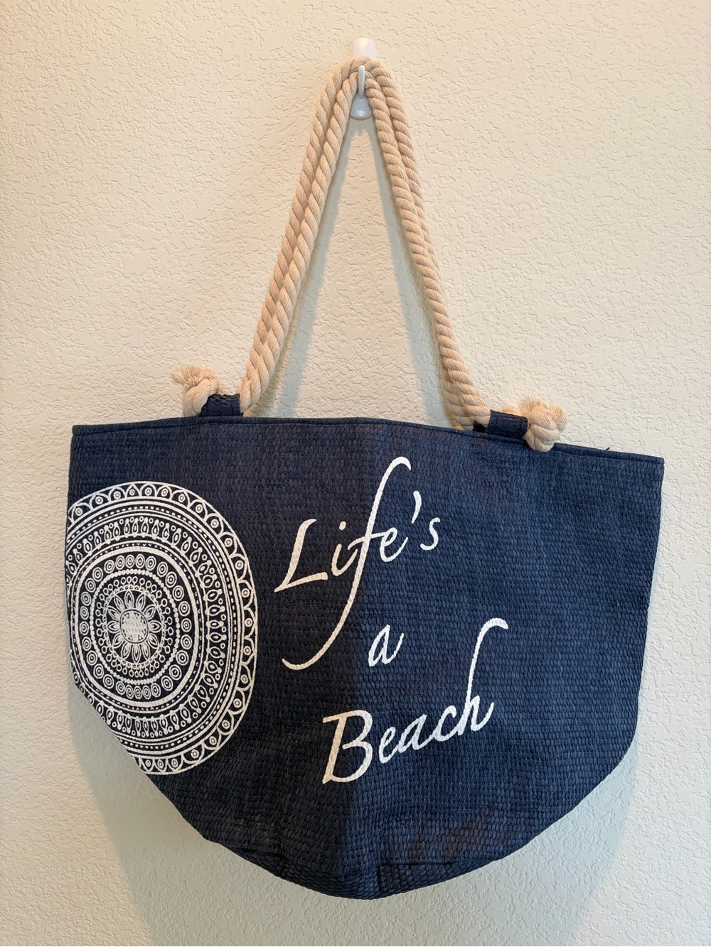 Life's a Beach Navy Woven Tote Bag with Rope Handles